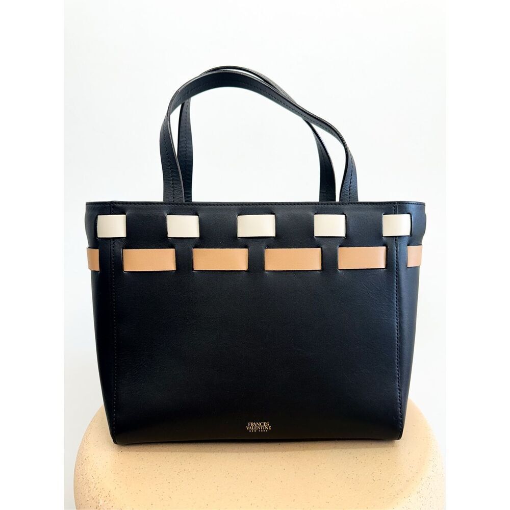 Frances Valentine New York Leather Henry Basketweave Tote Black Oyster Tan